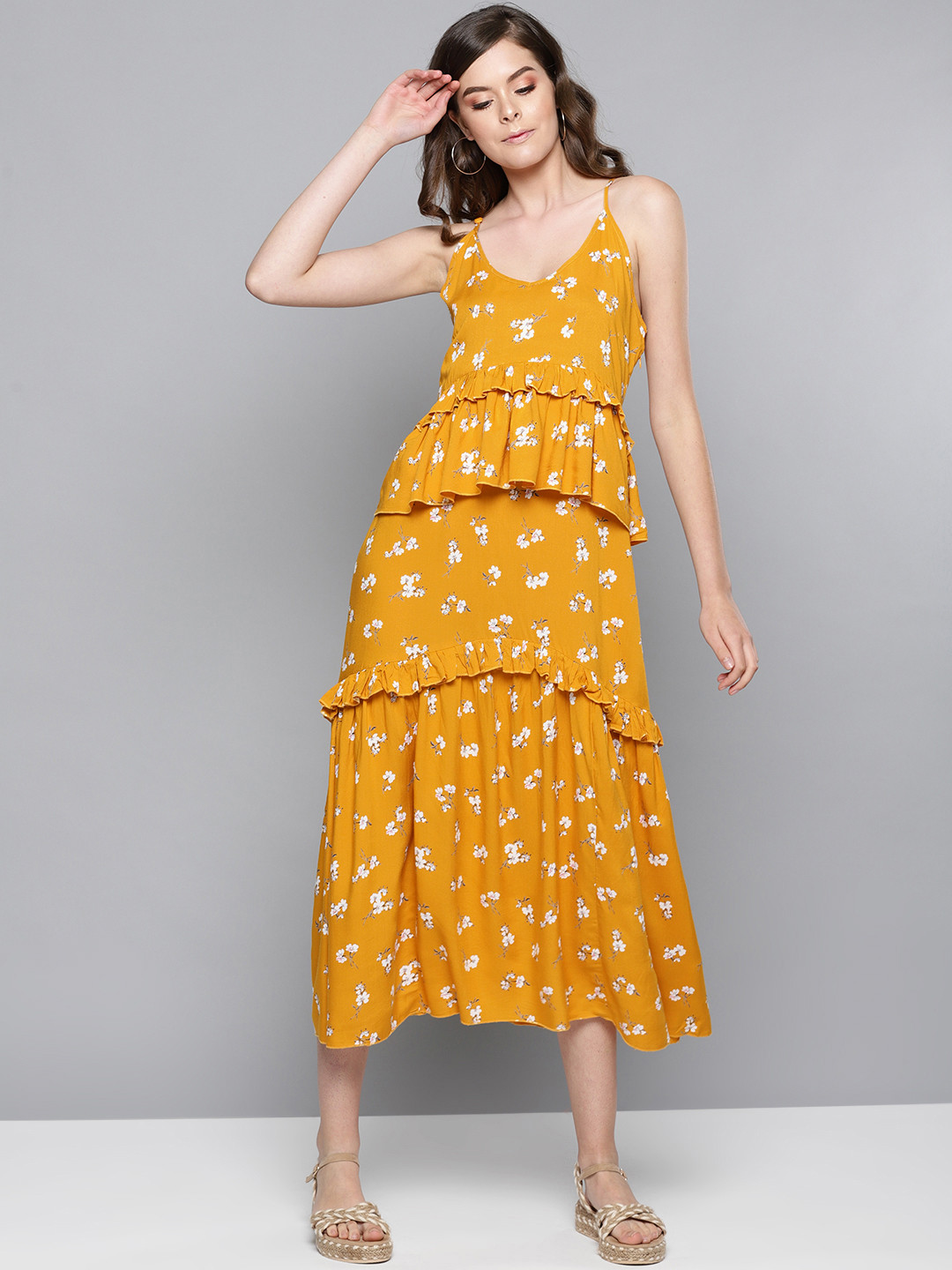 

STREET 9 Women Mustard Yellow & Off-White Floral Printed Tiered Maxi Dress