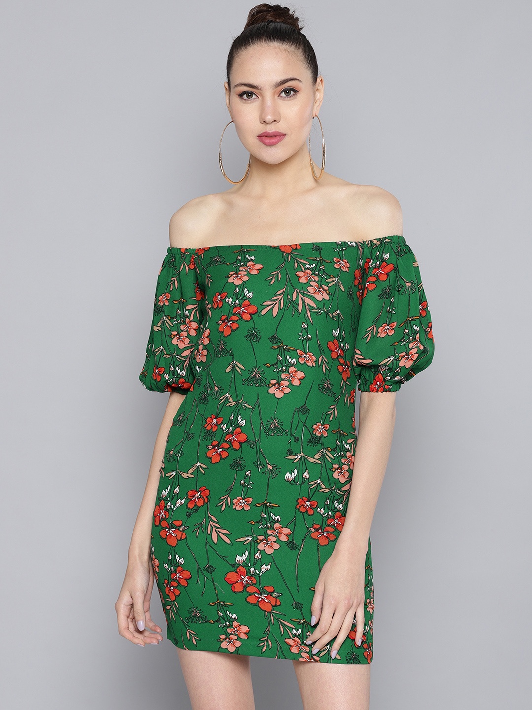 STREET 9 Women Green & Red Floral Printed Off-Shoulder Sheath Dress