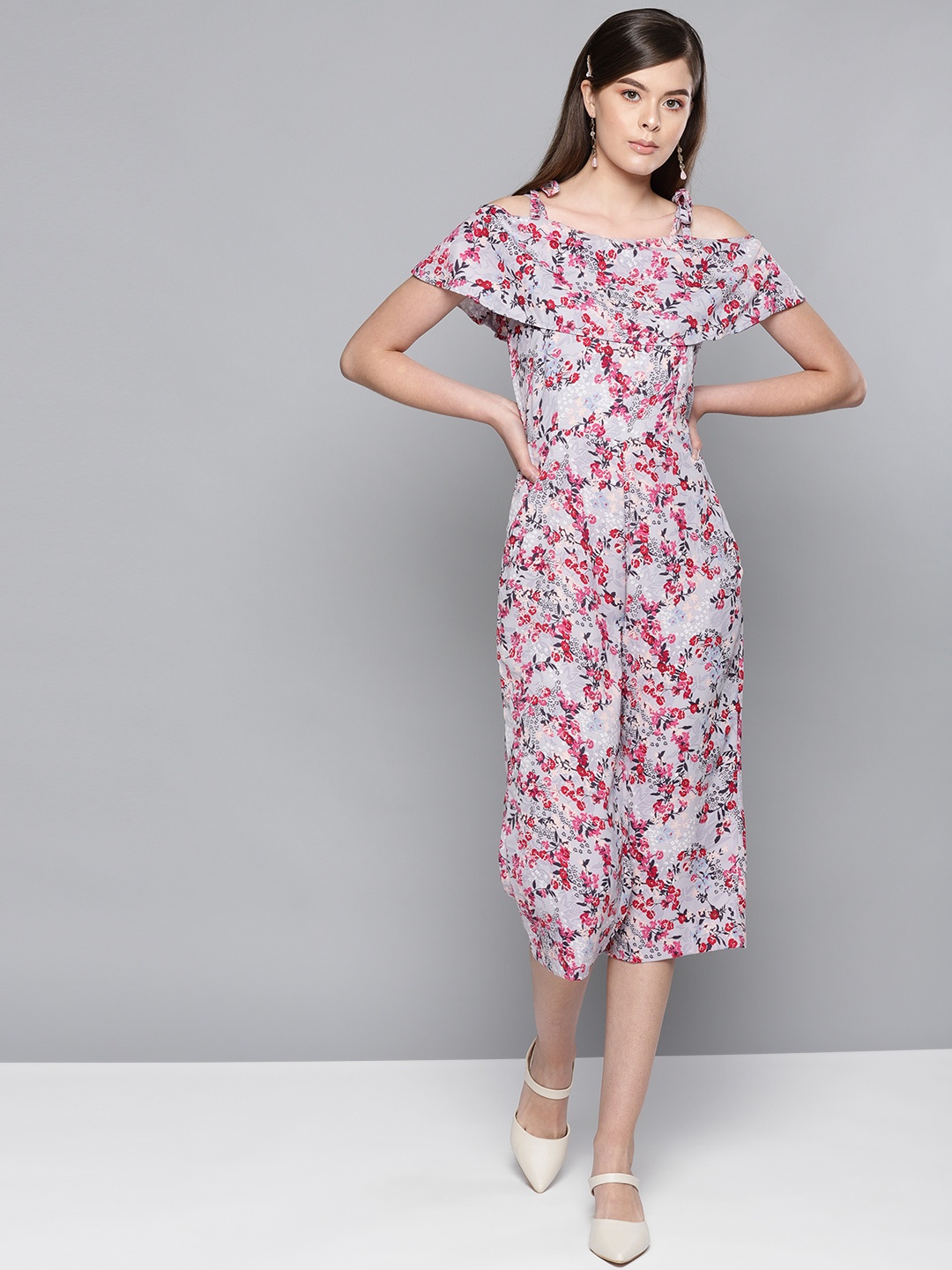

STREET 9 Women Grey & Red Printed Layered Culotte Jumpsuit