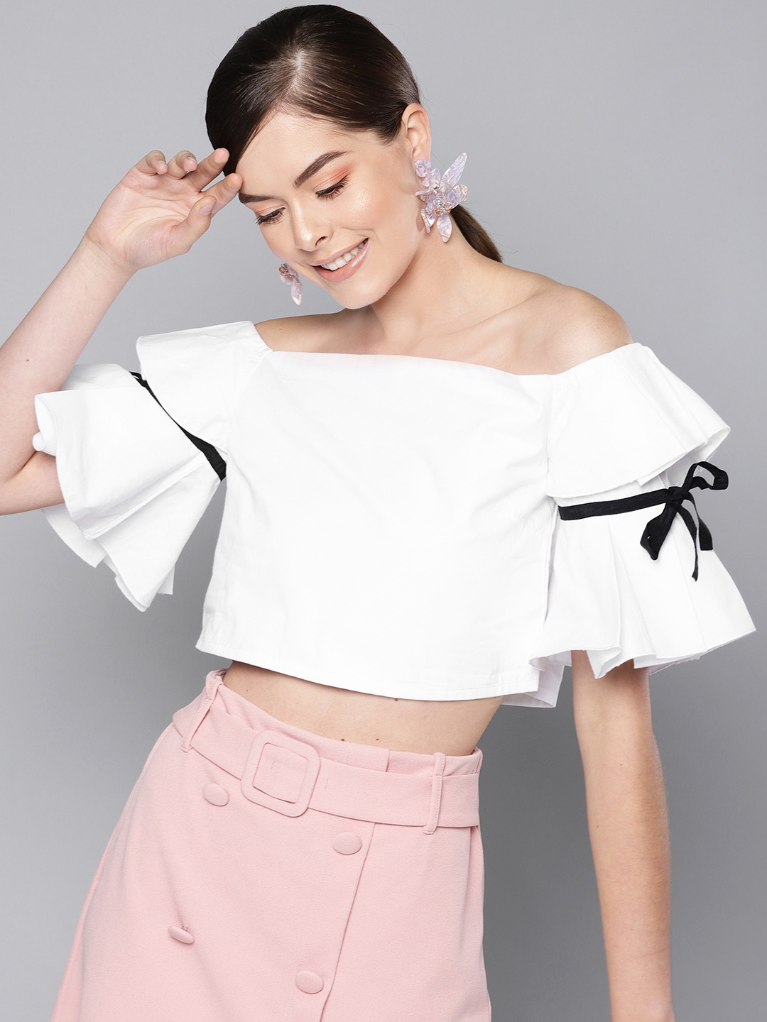 

STREET 9 Women White Solid Bardot Crop Top