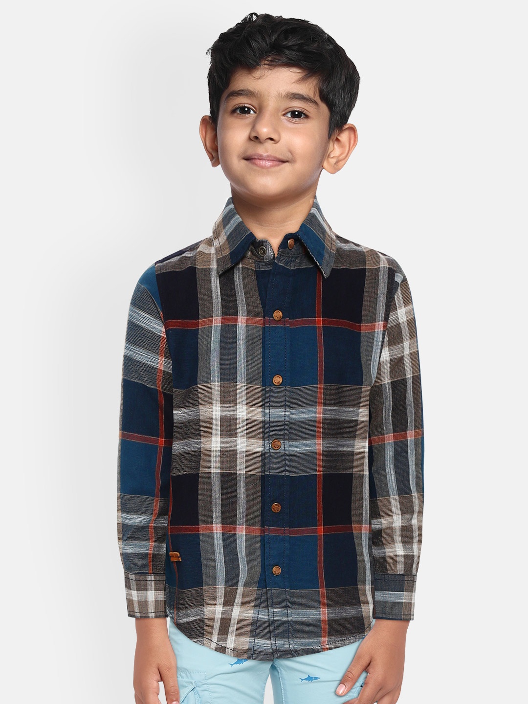 

Pepe Jeans Boys Teal Blue & Brown Pure Cotton Tartan Checks Checked Casual Shirt