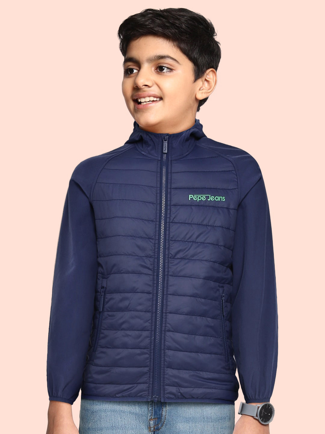 

Pepe Jeans Boys Blue Solid Hooded Padded Jacket