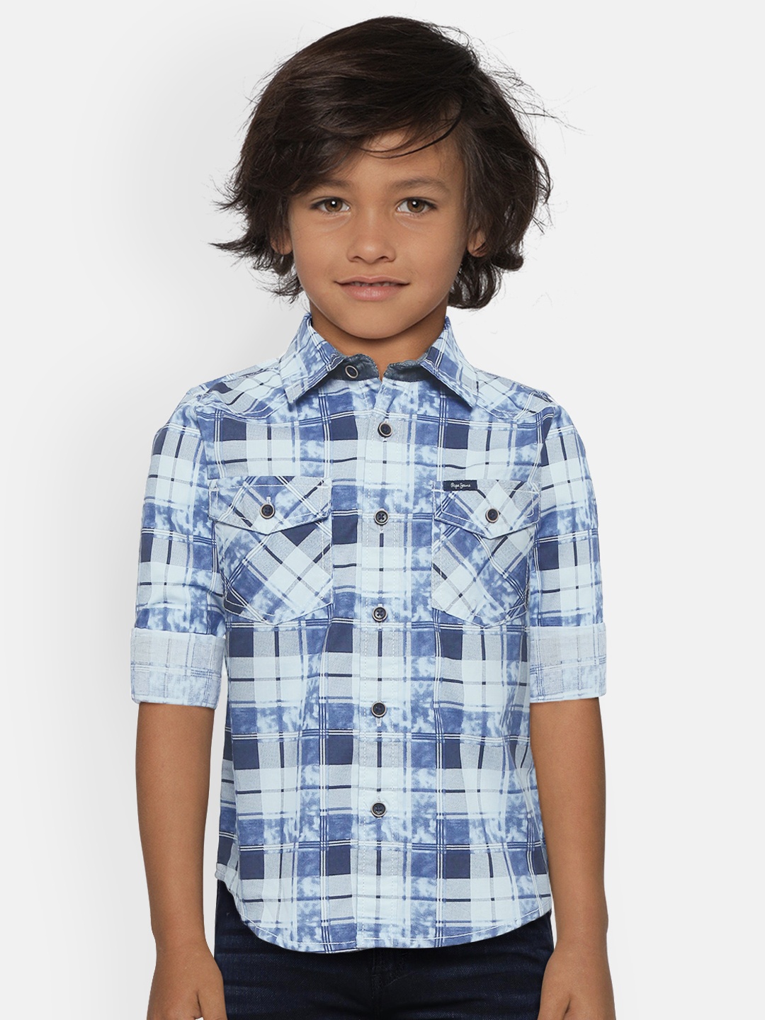 

Pepe Jeans Boys Blue & White Regular Fit Checked & Acid Washed Casual Shirt