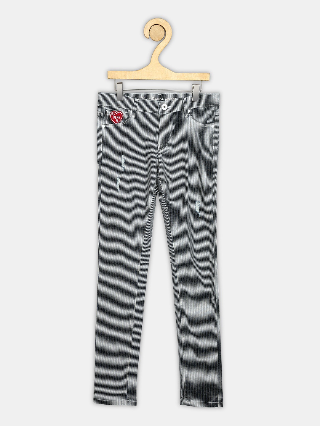 

Pepe Jeans Girls Blue & White Striped Skinny Fit Low Distress Applique Stretchable Jeans