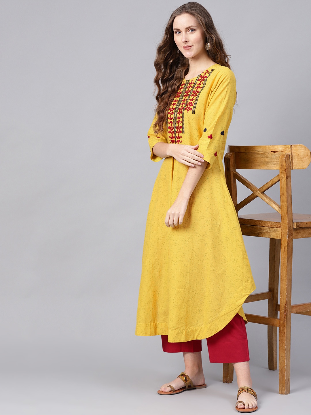 

Indo Era Women Mustard Yellow & Maroon Yoke Design Kurta with Palazzos