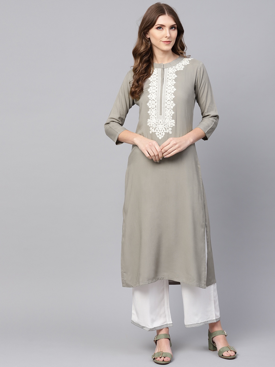 

Indo Era Women Grey & White Yoke Design Straight Kurta