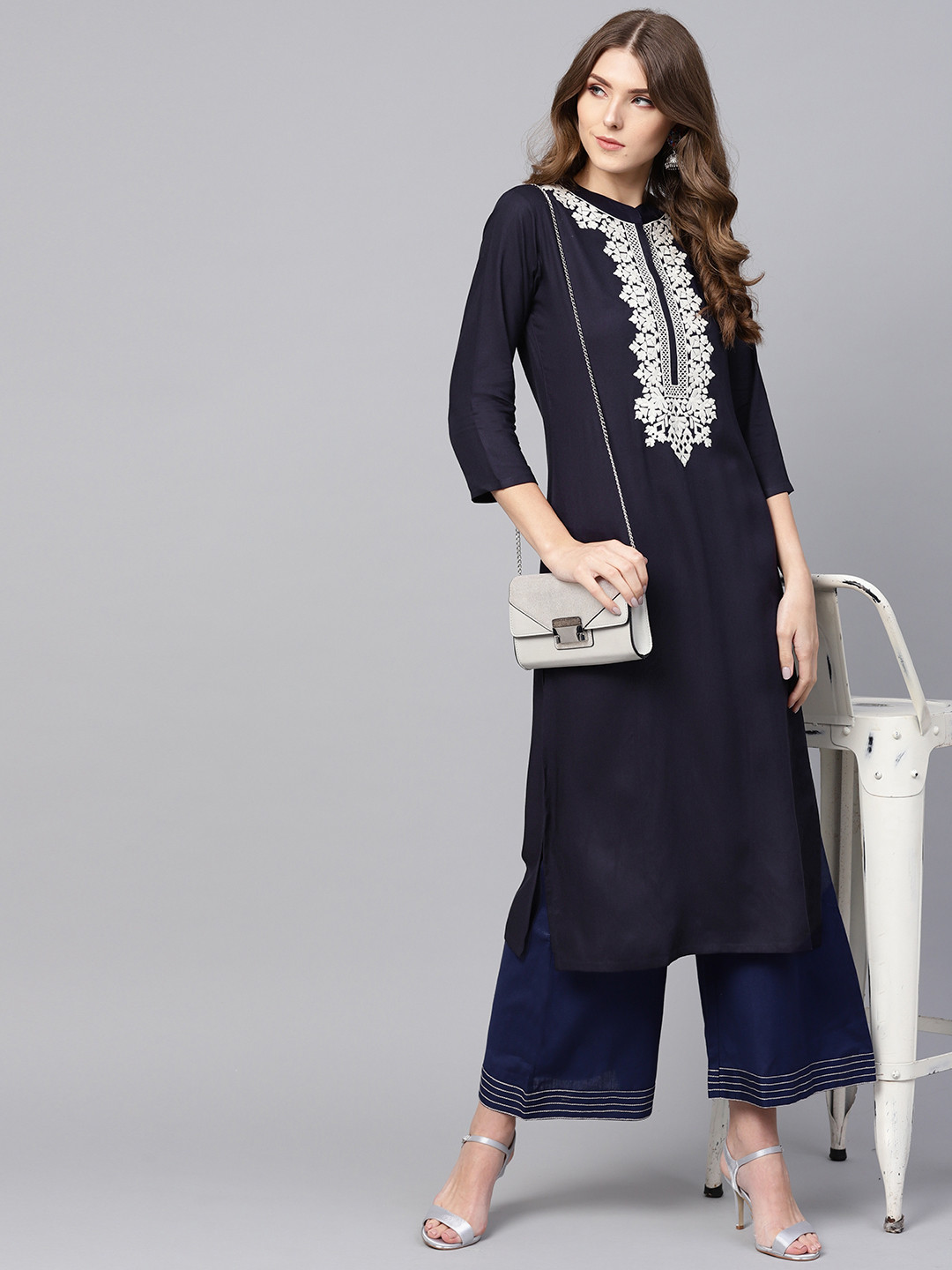 

Indo Era Women Navy Blue Yoke Design Straight Kurta