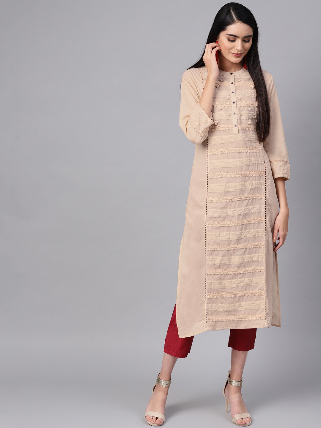 

Indo Era Women Beige Lace Detail Straight Kurta