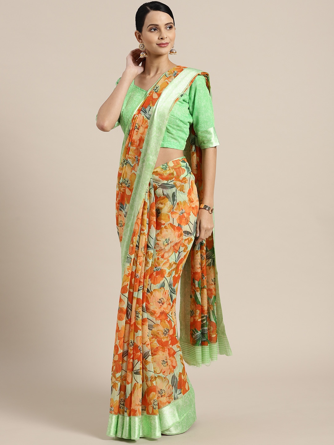 

Saree mall Orange & Green Printed Saree