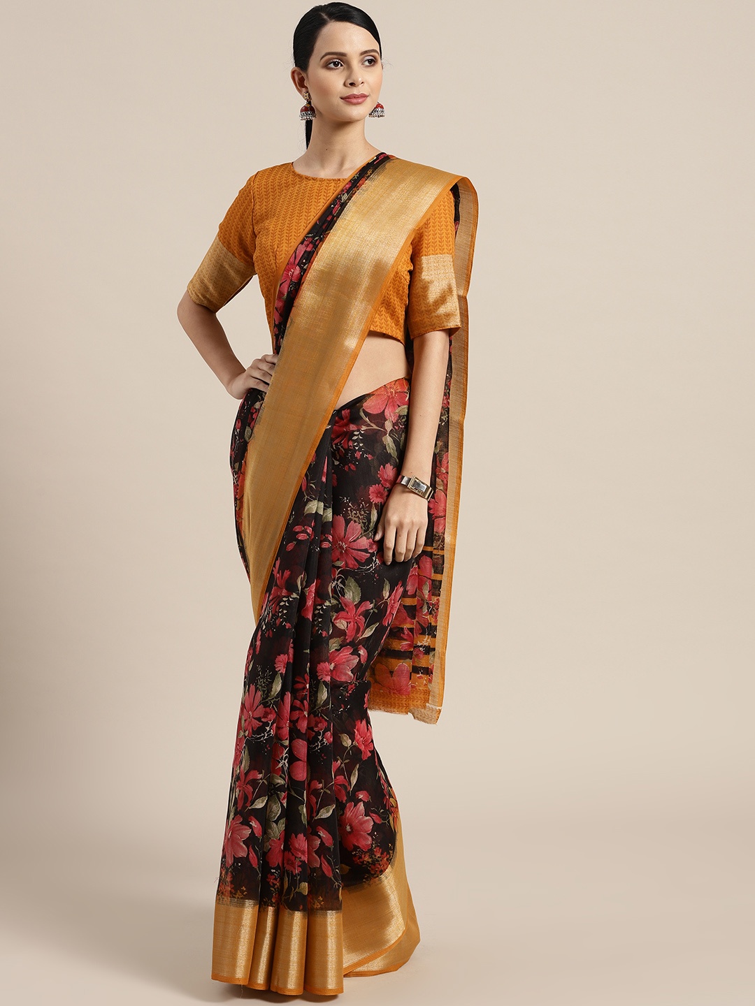 

Saree mall Black & Coral Pink Printed Saree