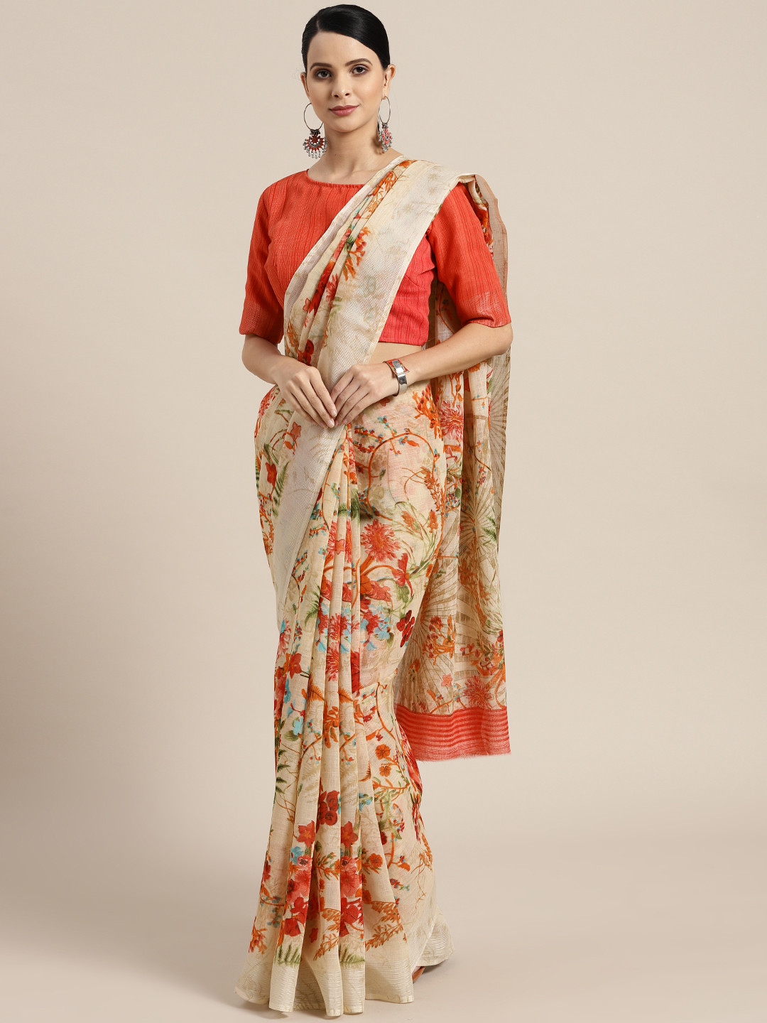 

Saree mall Beige & Orange Printed Saree
