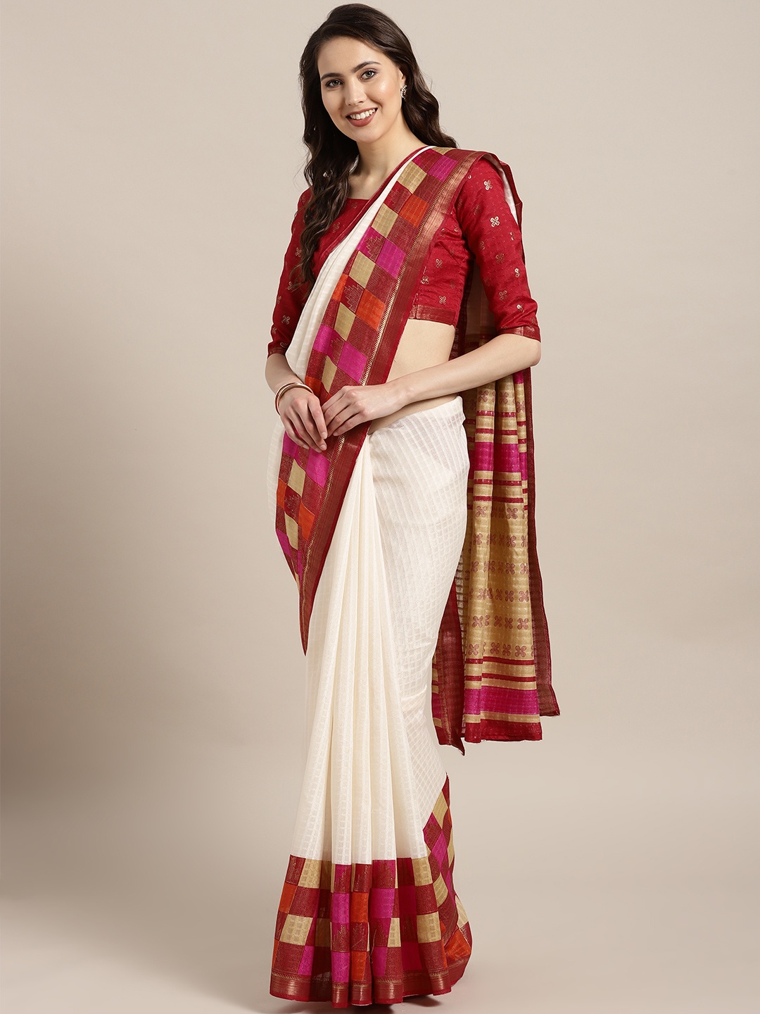 

Saree mall Off-White & Maroon Woven Design Kasavu Saree