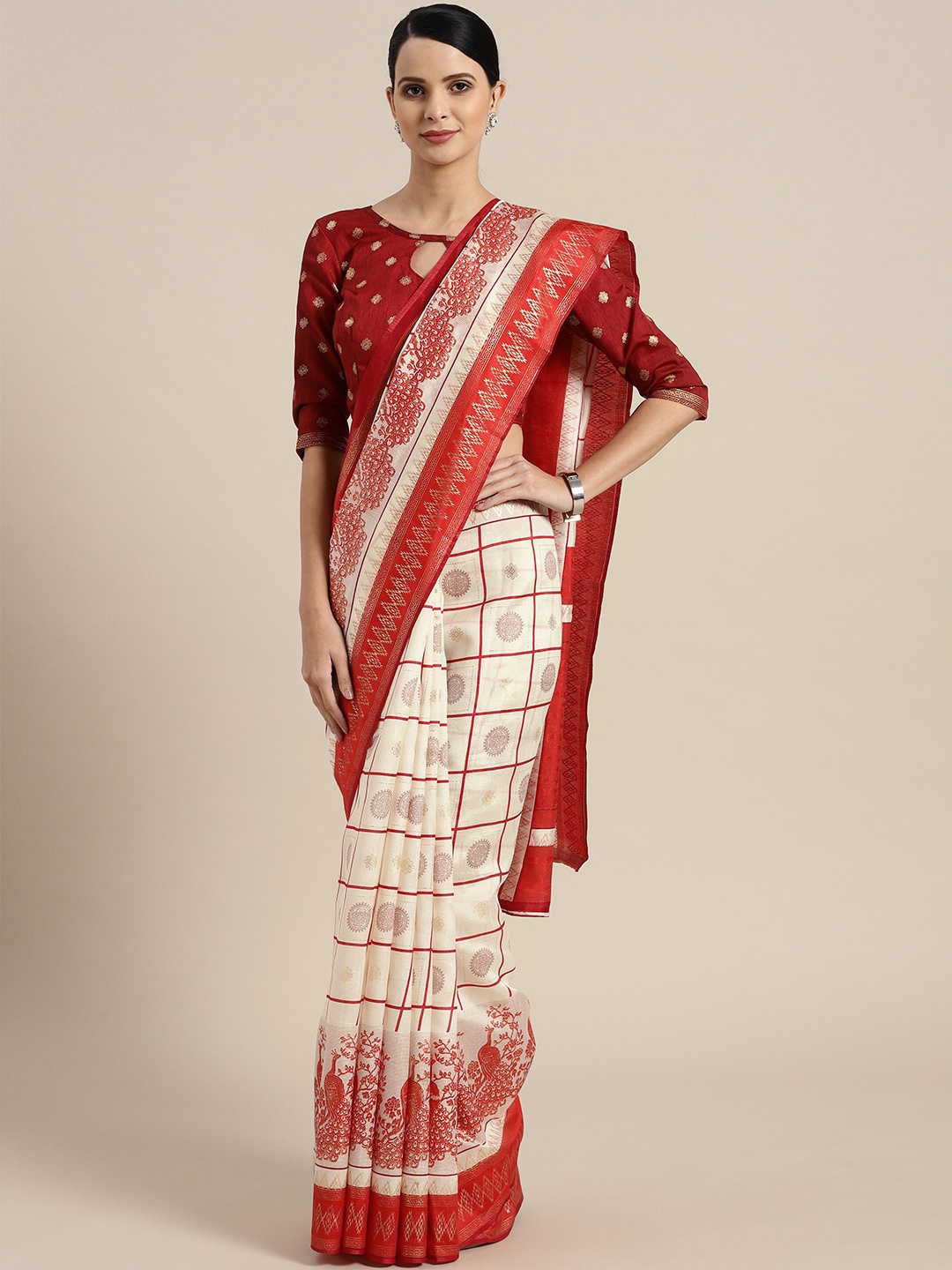 

Saree mall Off-White & Red Checked Kasavu Saree