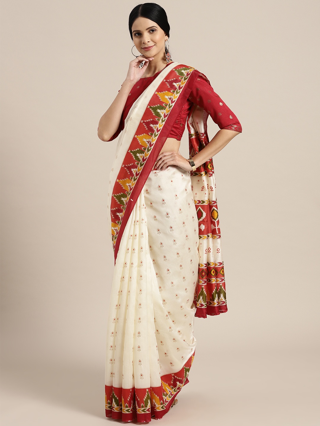 

Saree mall Off-White & Red Printed Kasavu Saree