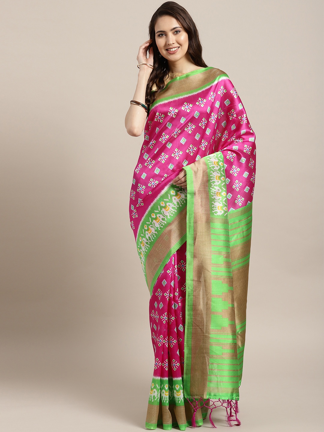 

Saree mall Pink & Green Printed Bhagalpuri Saree