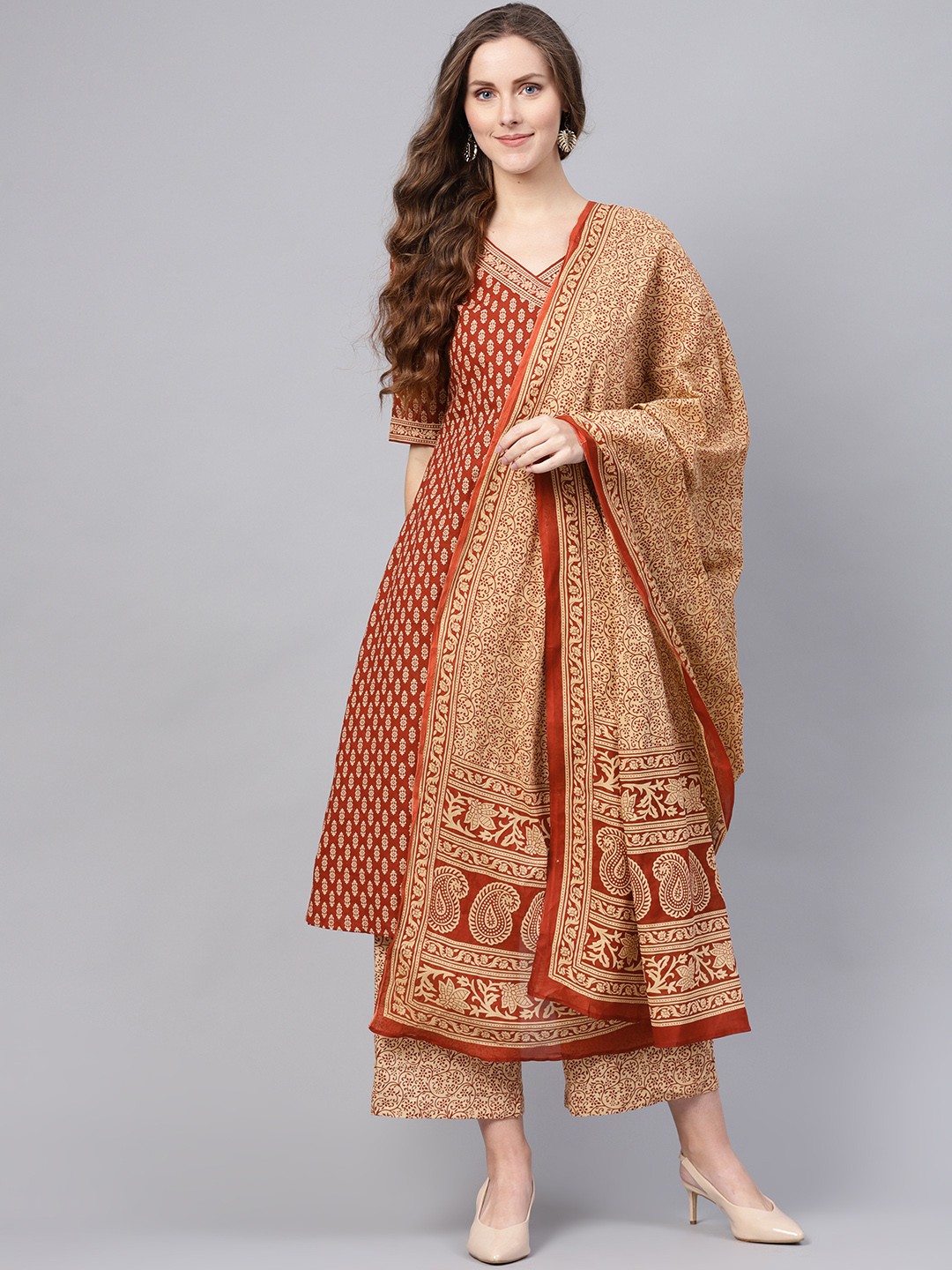 

Indo Era Women Maroon & Beige Printed Anghrakha Kurta with Palazzos & Dupatta