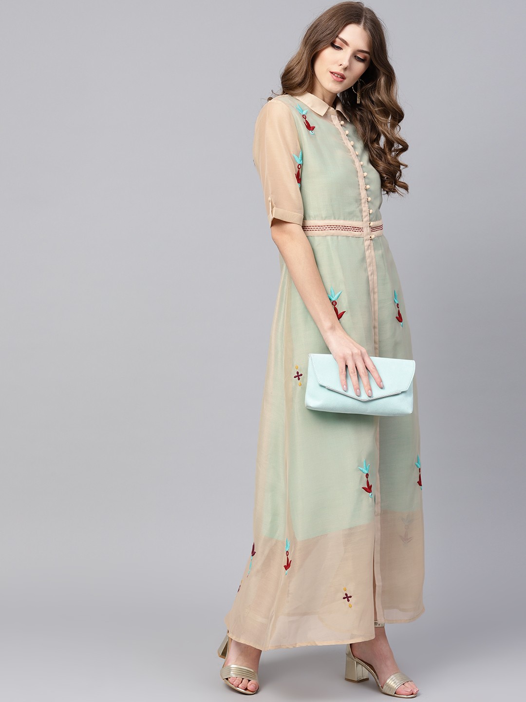 

Indo Era Women Sea Green & Beige Solid A-Line Dress with Embroidered Layer