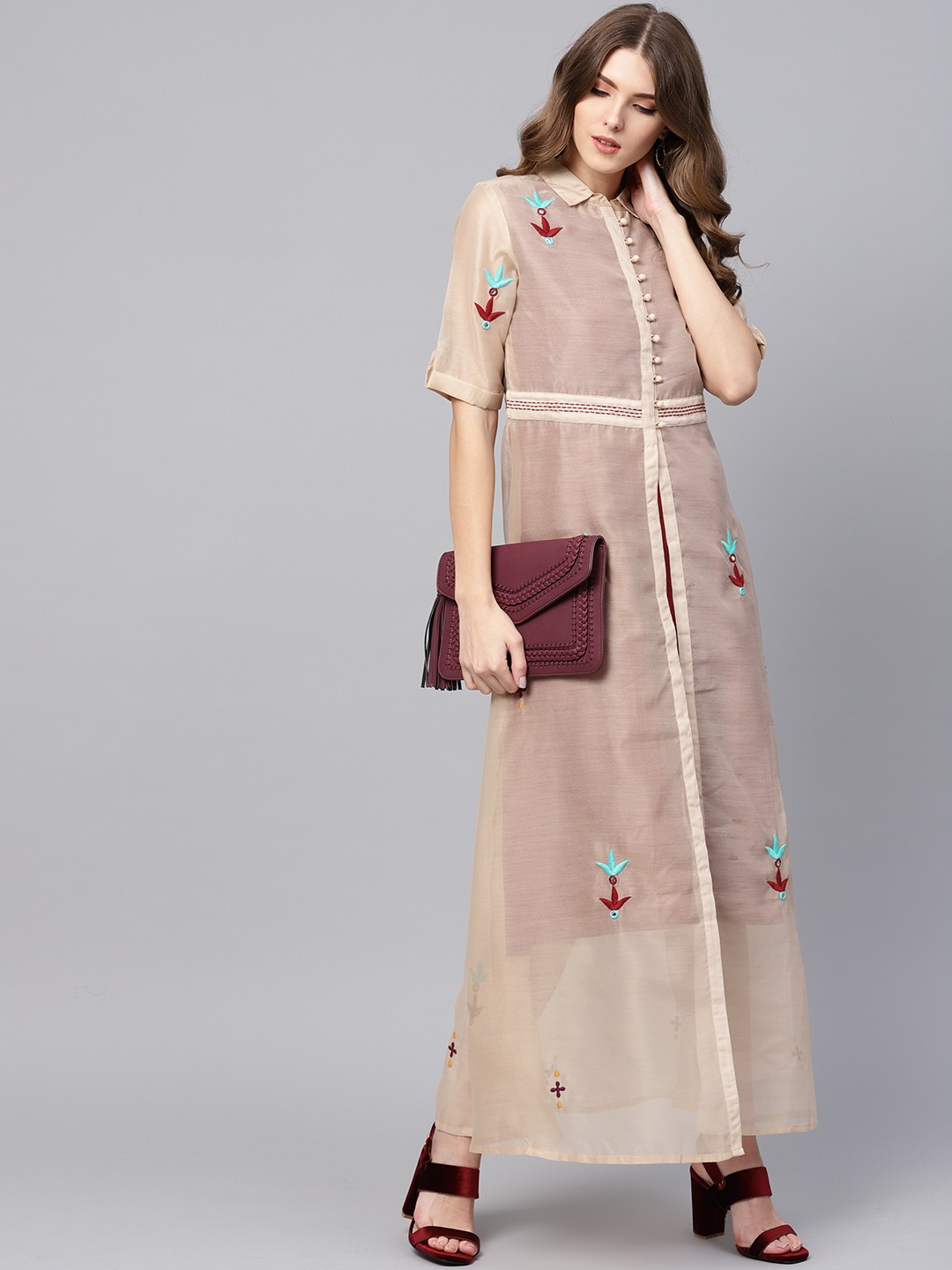 

Indo Era Women Maroon & Beige Solid A-Line Dress with Embroidered Layer