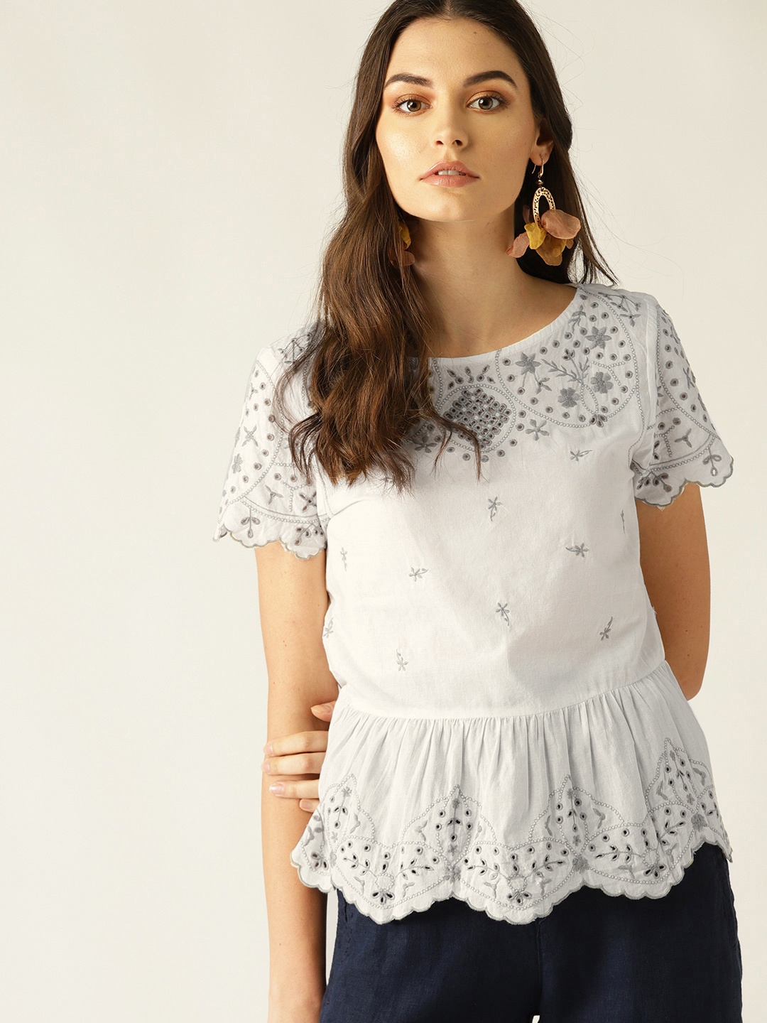 

MANGO Women White & Grey Schiffli Embroidered A-Line Pure Cotton Top