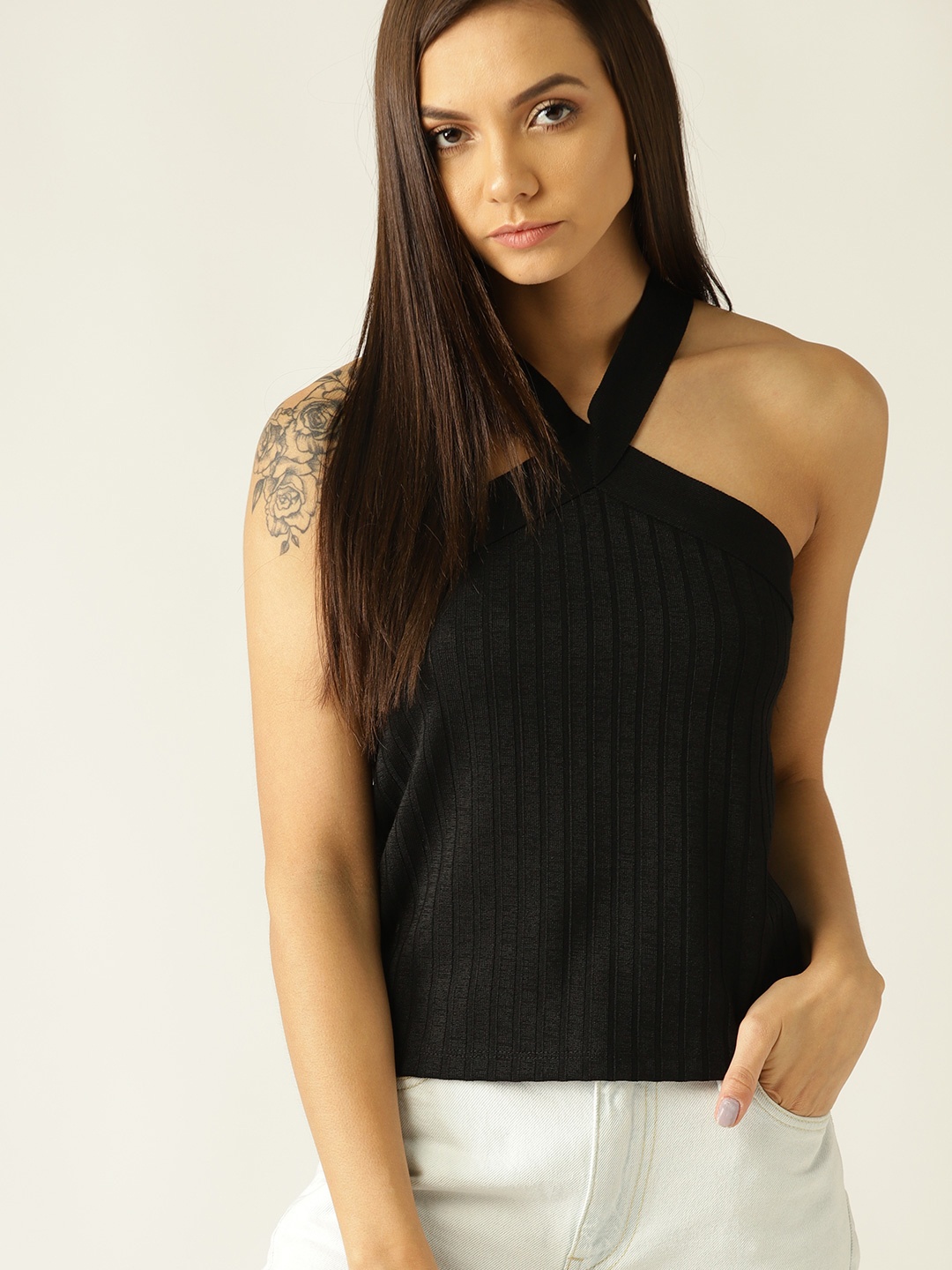 

MANGO Women Black Ribbed Fitted Top