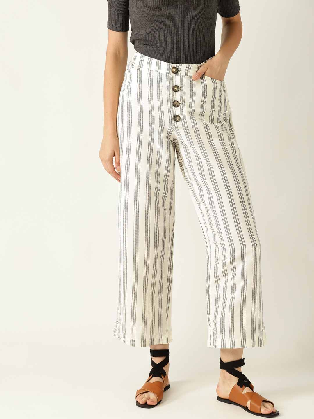 

MANGO Women Off-White & Black Regular Fit Striped Cropped Parallel Trousers