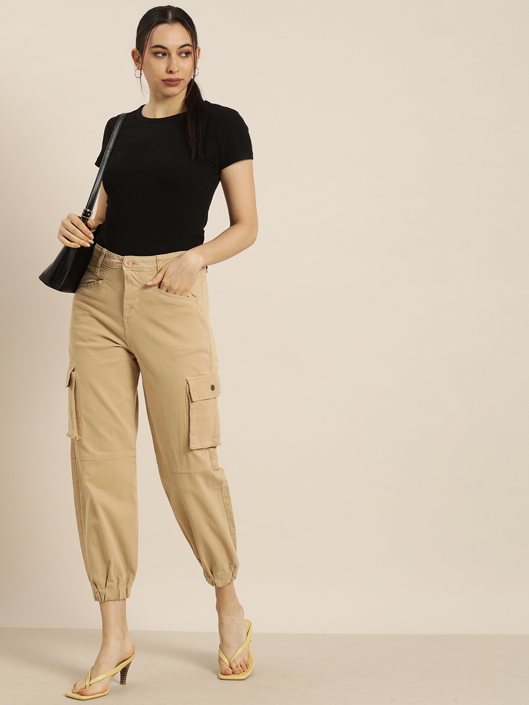 

Moda Rapido Women Camel Brown Tapered Fit Cargo Trousers