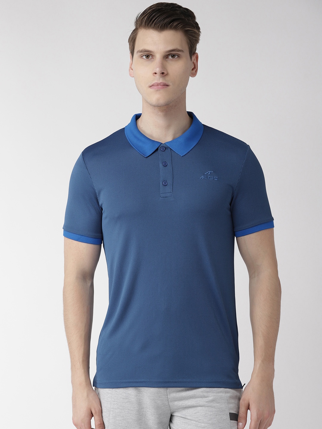 

Alcis Men Blue & Black Slim Fit Self Design Polo Collar T-shirt