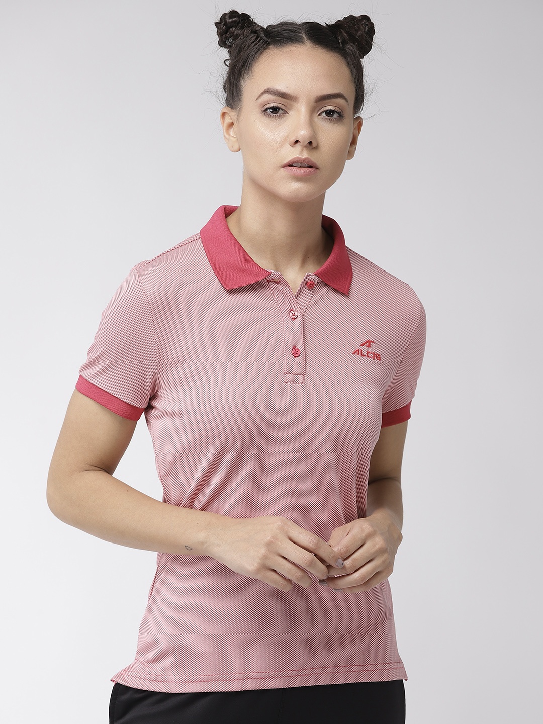 

Alcis Women Red & Off-White Solid Polo Collar T-shirt