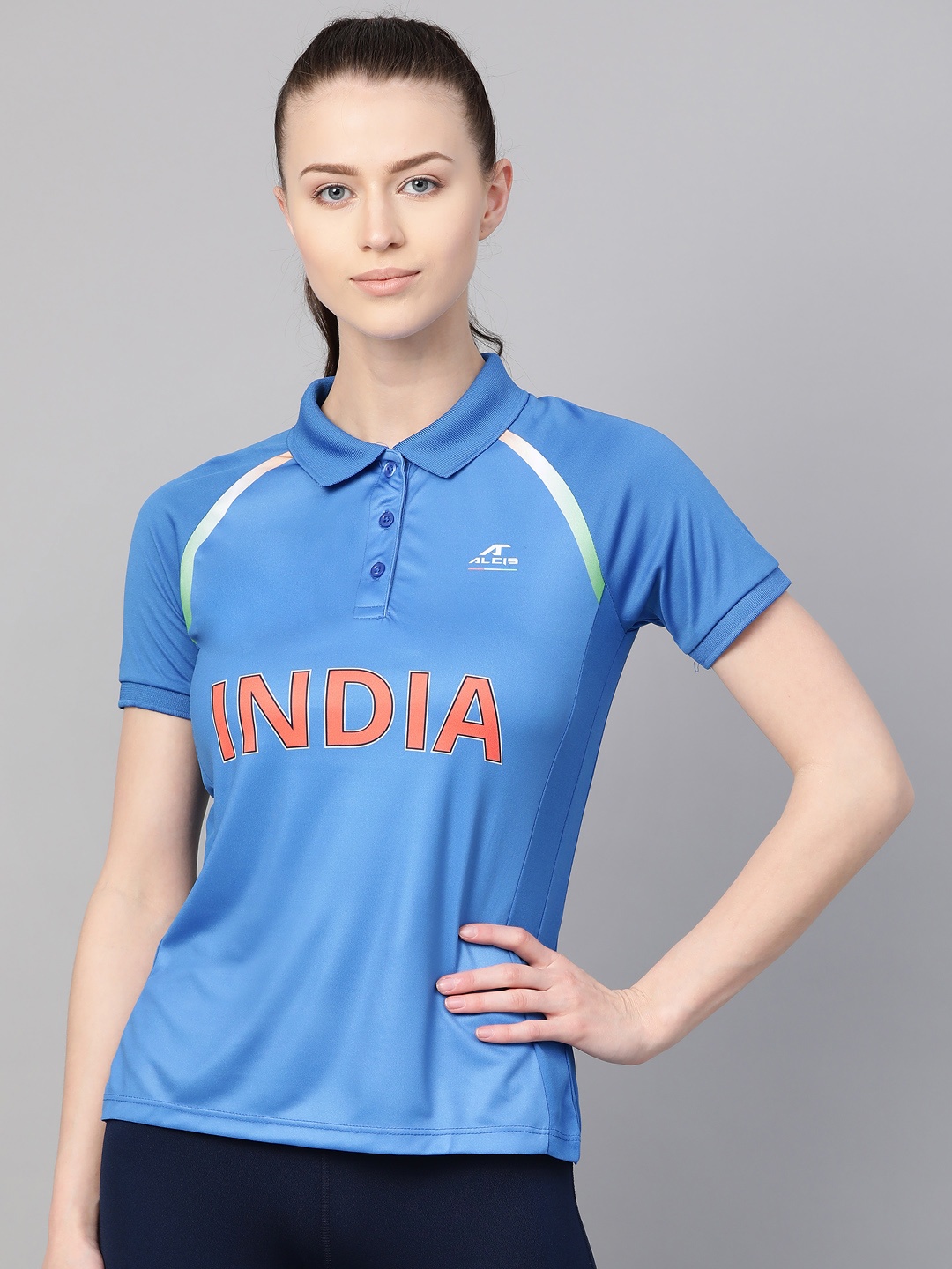 

Alcis Women Blue & Orange Team India Print Polo Collar T-shirt