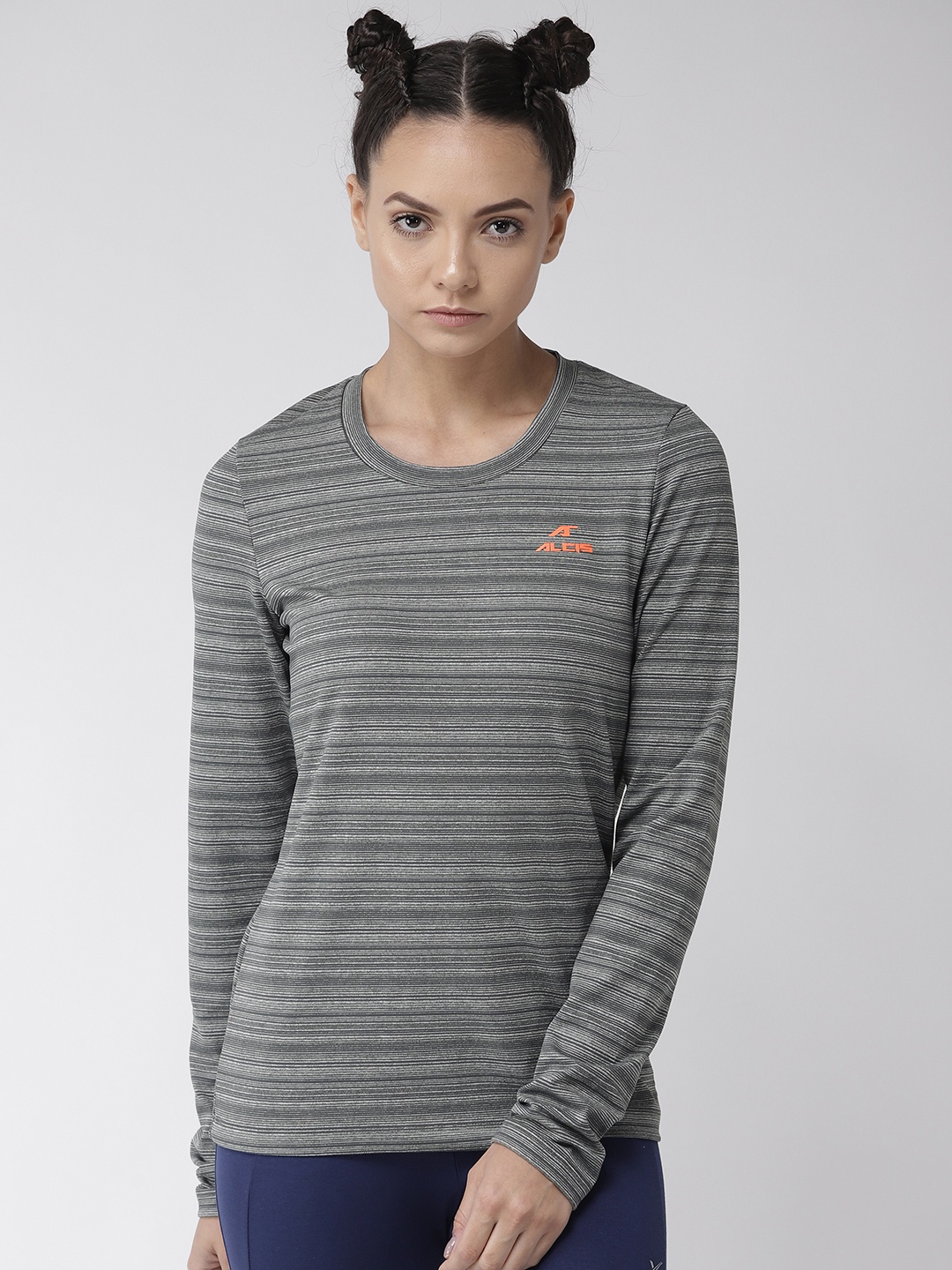 

Alcis Women Grey Striped Round Neck T-shirt