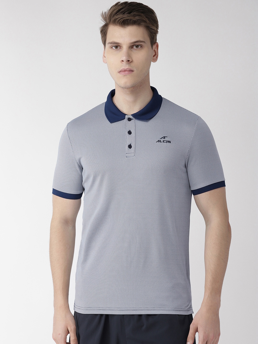 

Alcis Men Navy Blue & White Slim Fit Self Design Polo Collar T-shirt