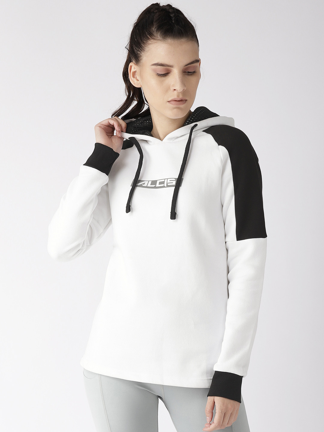 

Alcis Women White & Black Printed Detail Hooded Sweatshirt