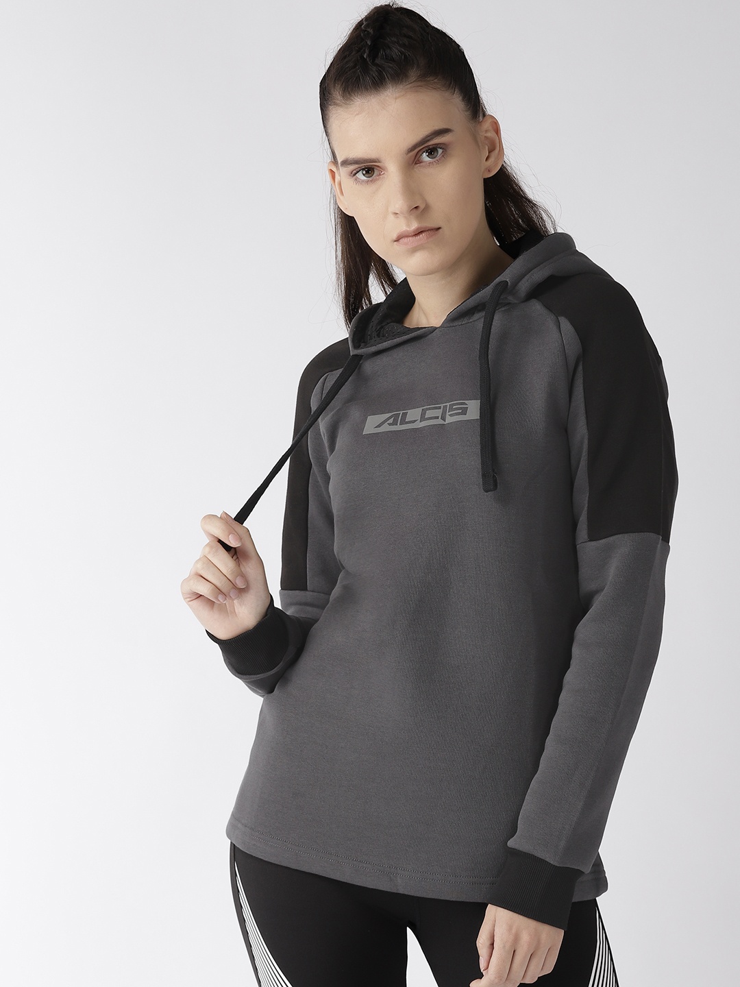 

Alcis Women Charcoal Grey & Black Printed Detail Hooded Sweatshirt