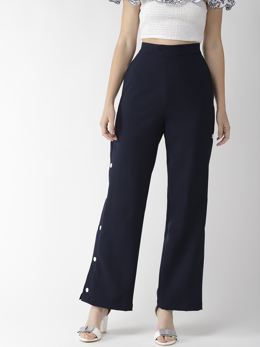 

QUIERO Women Navy Blue Regular Fit Solid Parallel Trousers