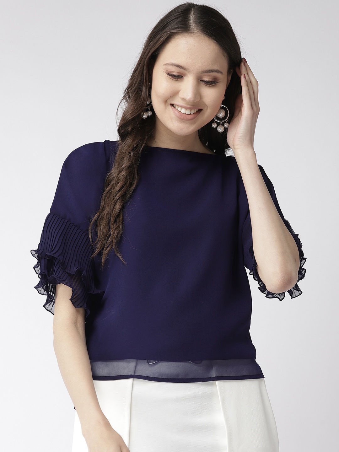

MISH Women Navy Blue Solid Top with Accordian Sleeves