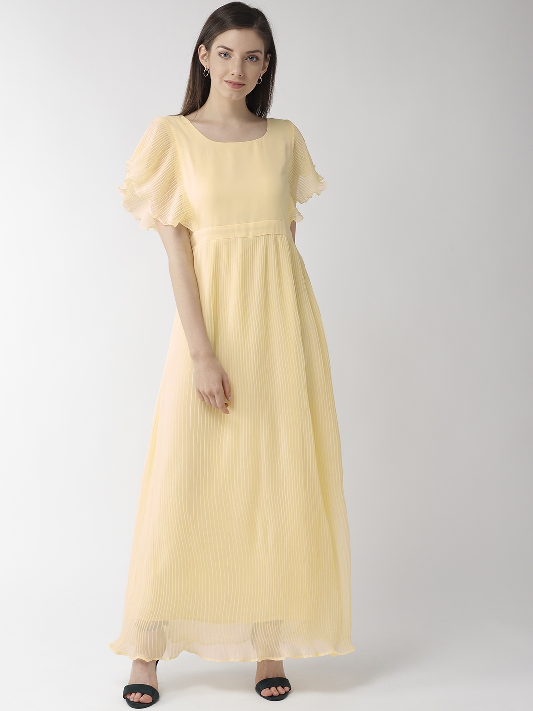 

MISH Women Yellow Solid Accordian Pleated Maxi Dress