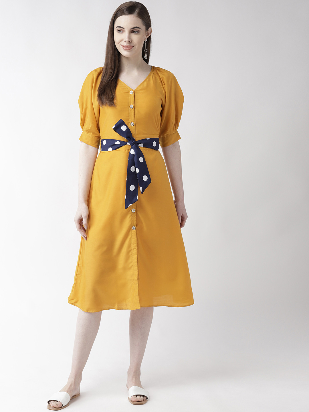 

MISH Women Mustard Yellow Solid A-Line Dress