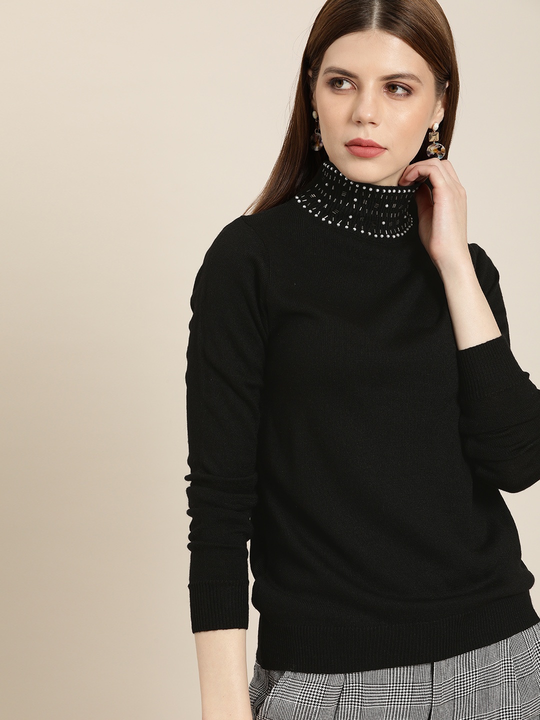 

all about you Women Black Solid Embellished Pullover Sweater