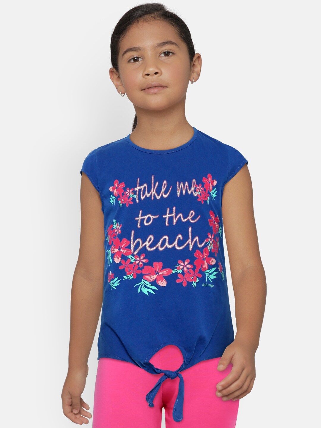 

612 league Girls Blue Printed Front Tie-Up Boxy Pure Cotton Top