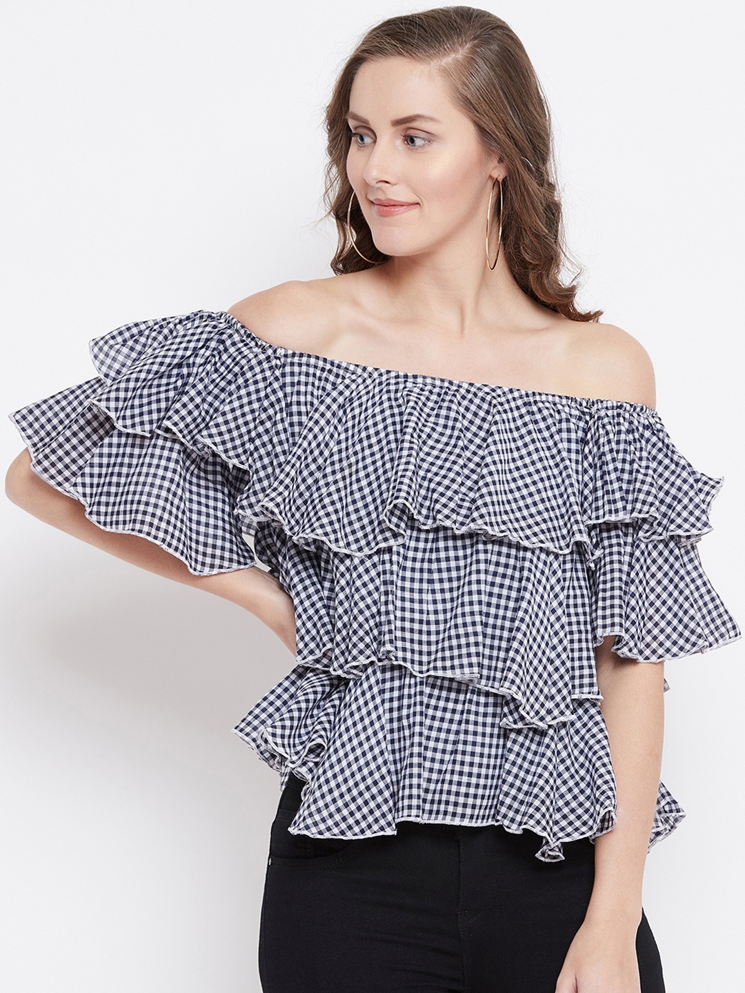 

Belle Fille Women Navy Blue & White Ruffle Checked Bardot Pure Cotton Top