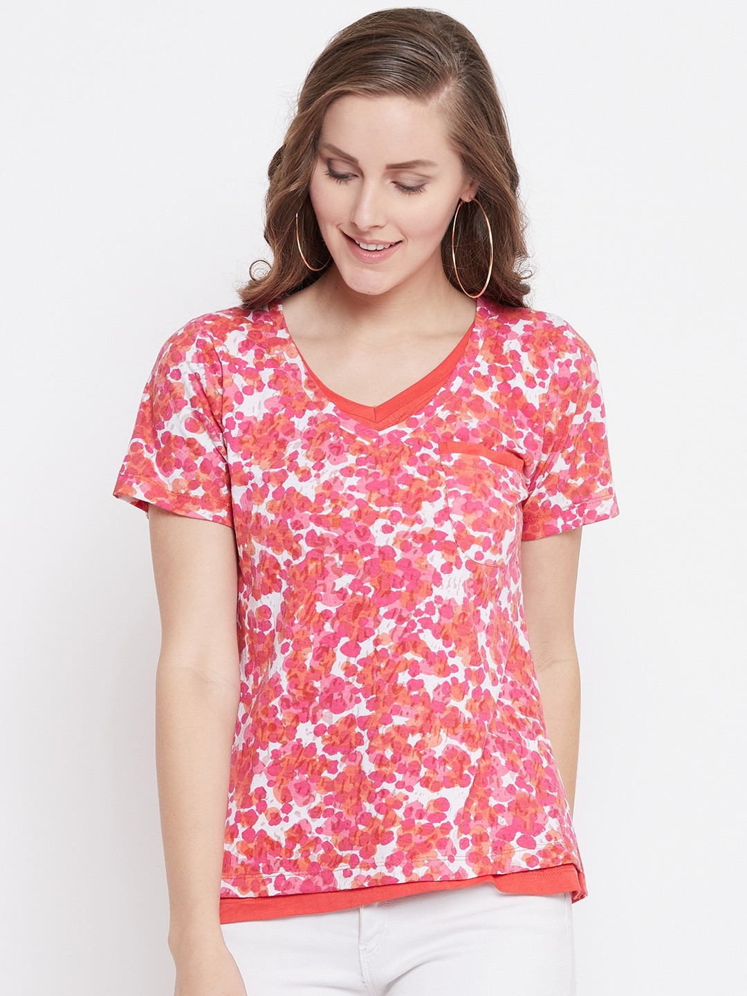 

Belle Fille Women Pink & Orange Printed Layered Pure Cotton Top