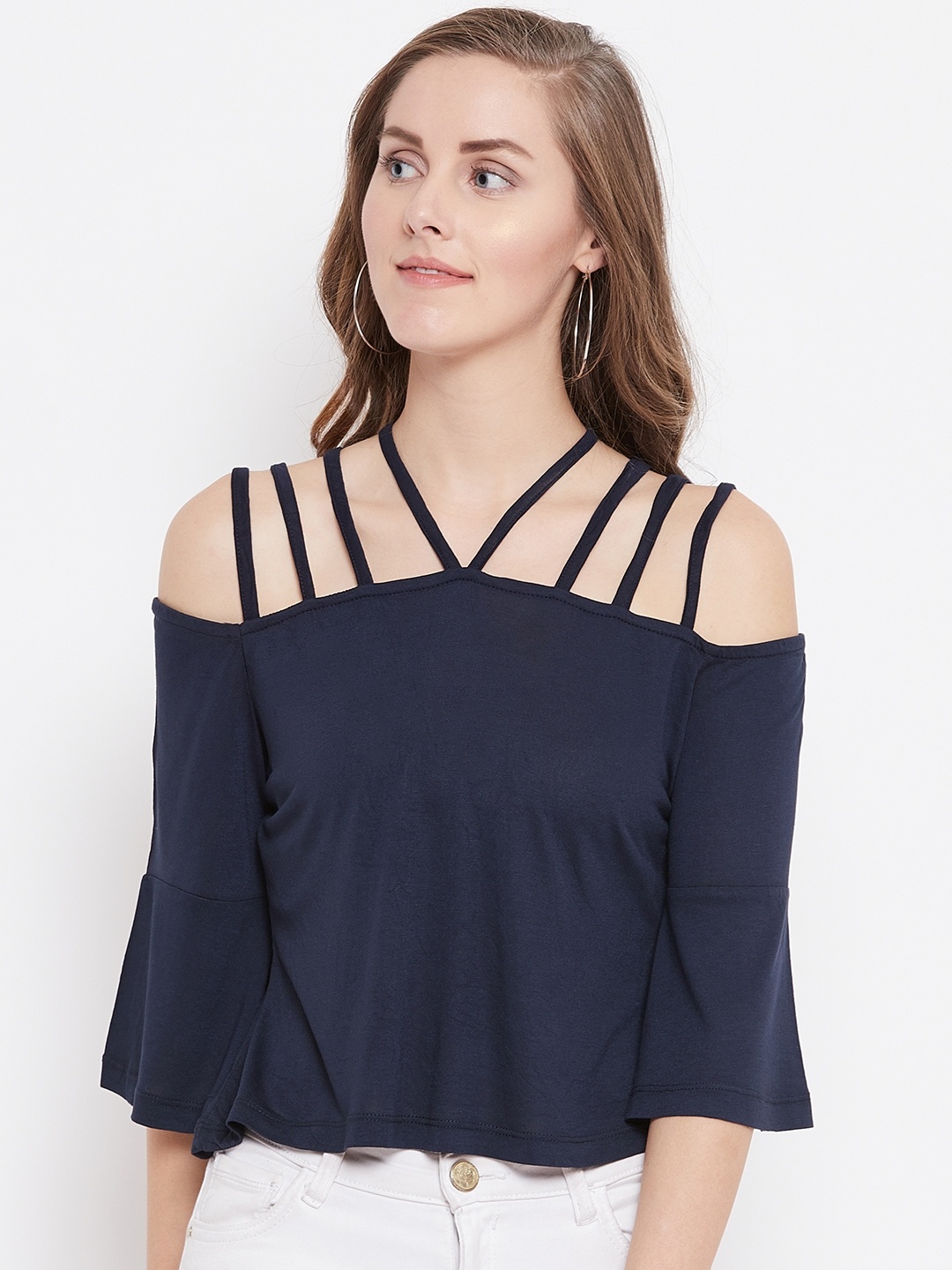 

Belle Fille Women Navy Blue Solid A-Line Pure Cotton Top