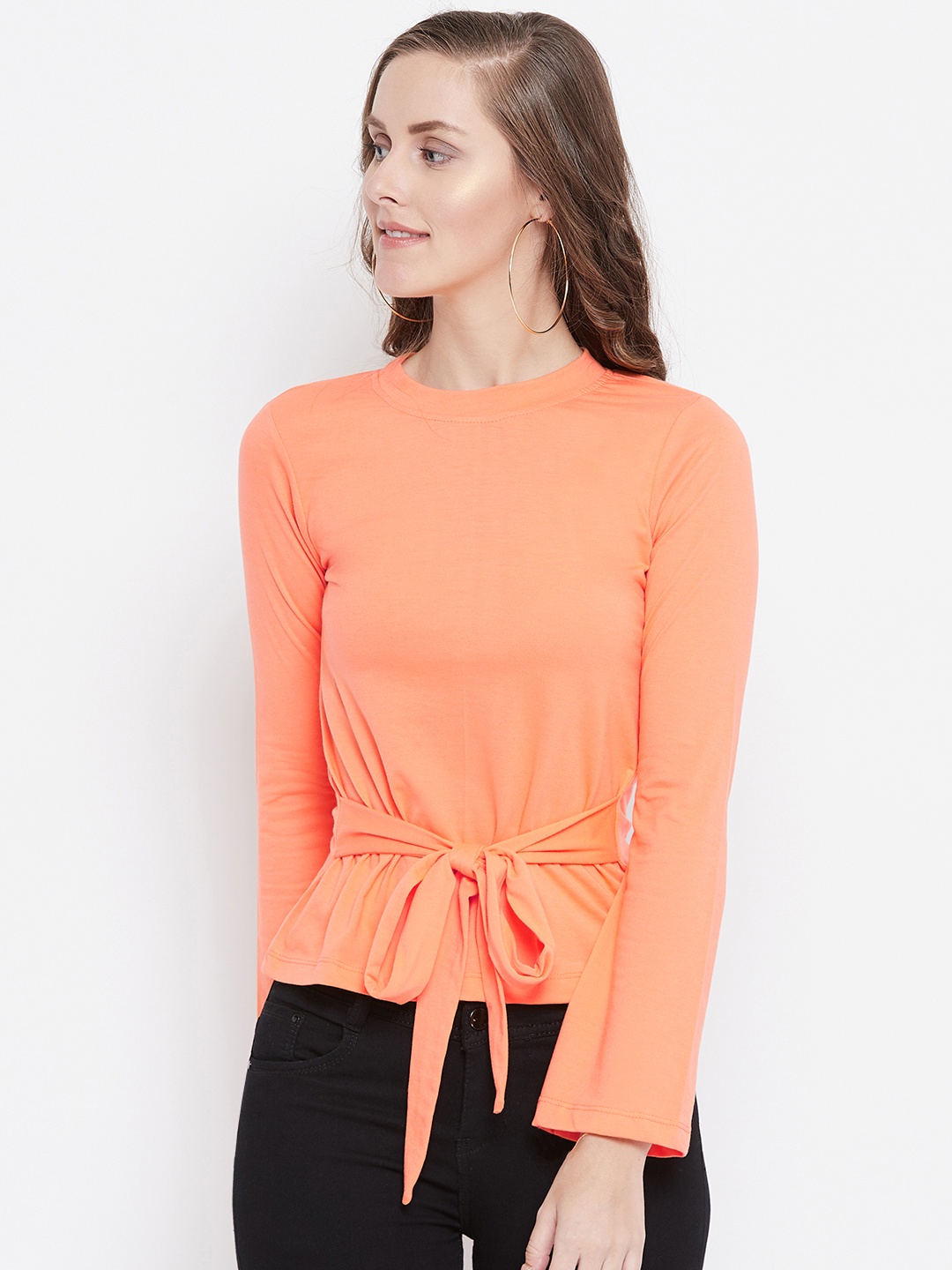 

Belle Fille Women Orange Solid Cinched Waist Pure Cotton Top