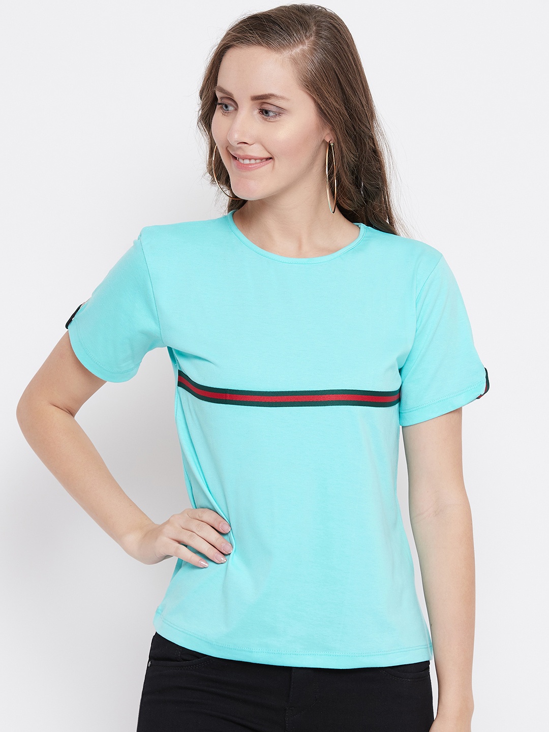 

Belle Fille Women Turquoise Blue Solid Round Neck T-shirt