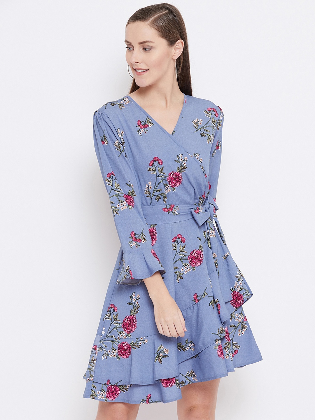 

Belle Fille Women Blue & Red Printed Layered Wrap Dress