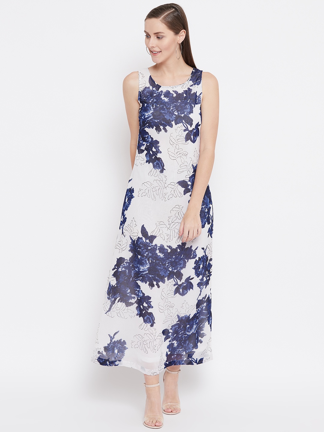 

Belle Fille Women White & Navy Blue Printed Maxi Dress
