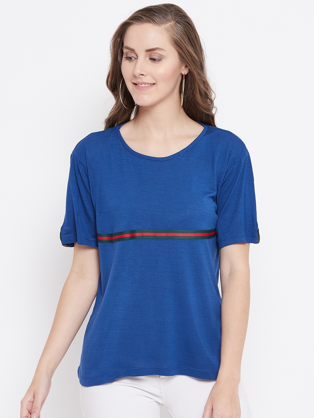 

Belle Fille Women Blue Solid Round Neck T-shirt