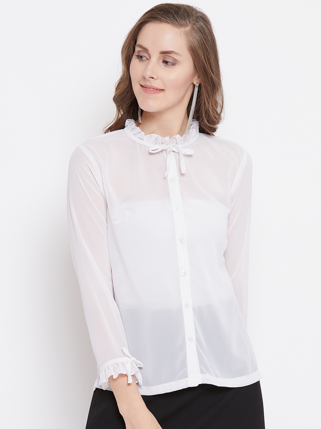 

Belle Fille Women White Solid Sheer Shirt Style Top