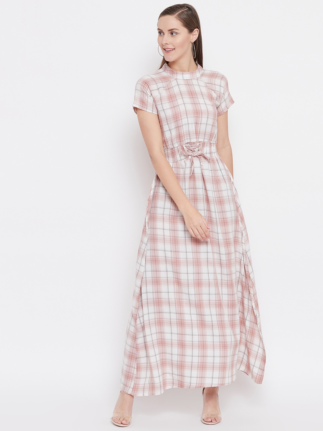 

Belle Fille Women Off-White & Pink Checked Maxi Dress