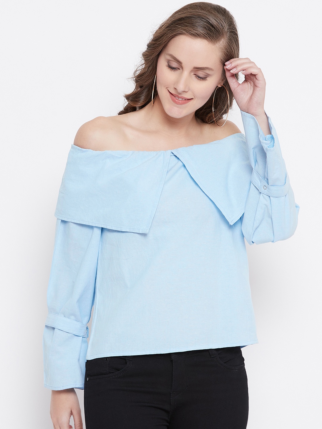 

Belle Fille Women Blue Solid Layered Bardot Top